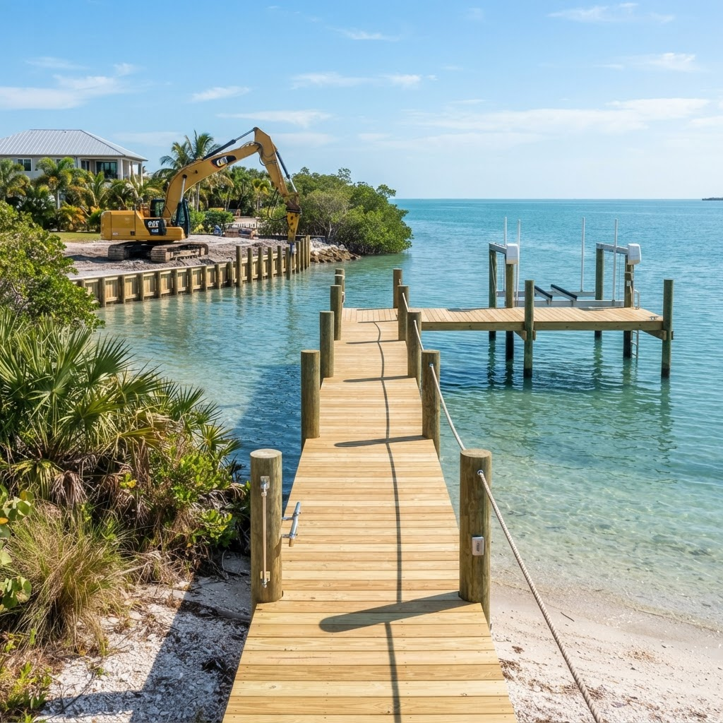 Newly built pier and dock over Gulf Coast water with an excavator working on a bulkhead