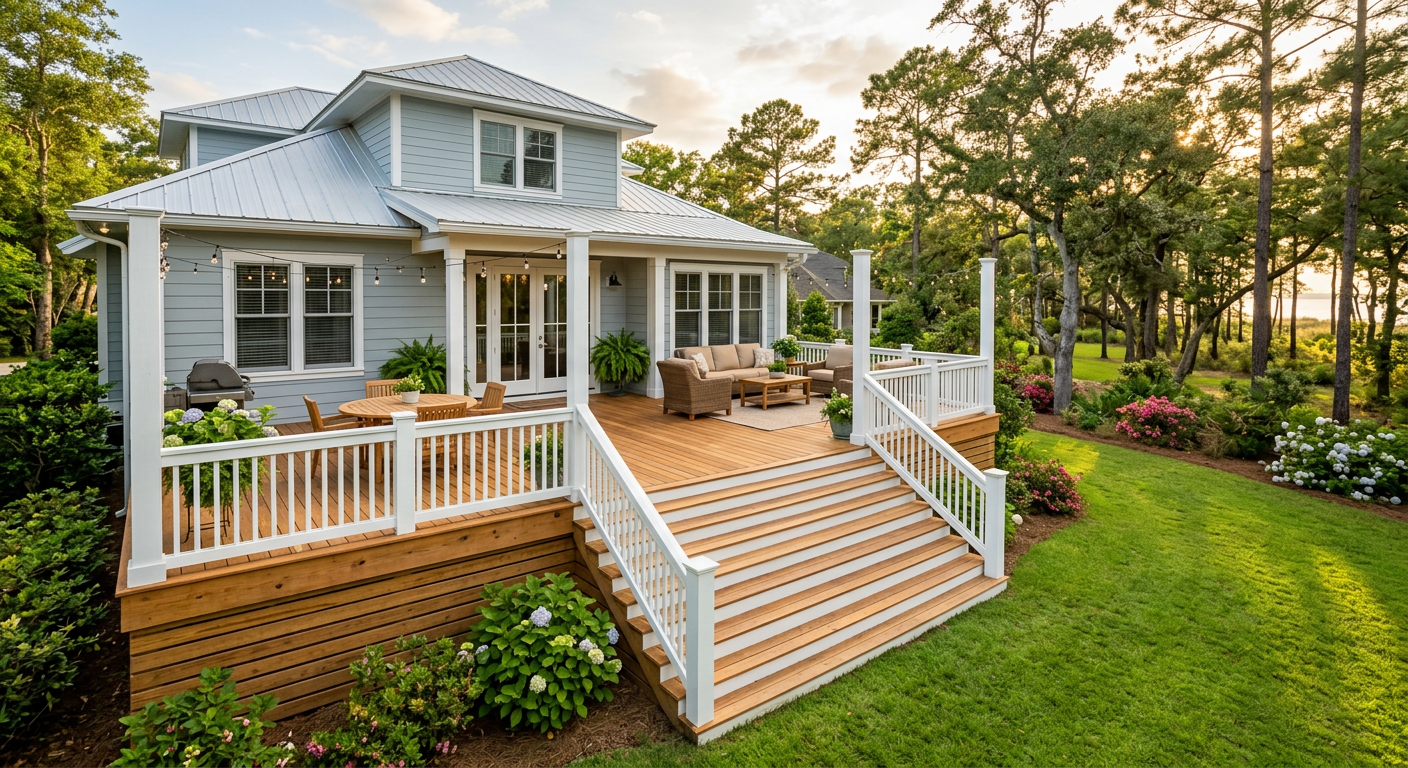 New backyard deck with white railings