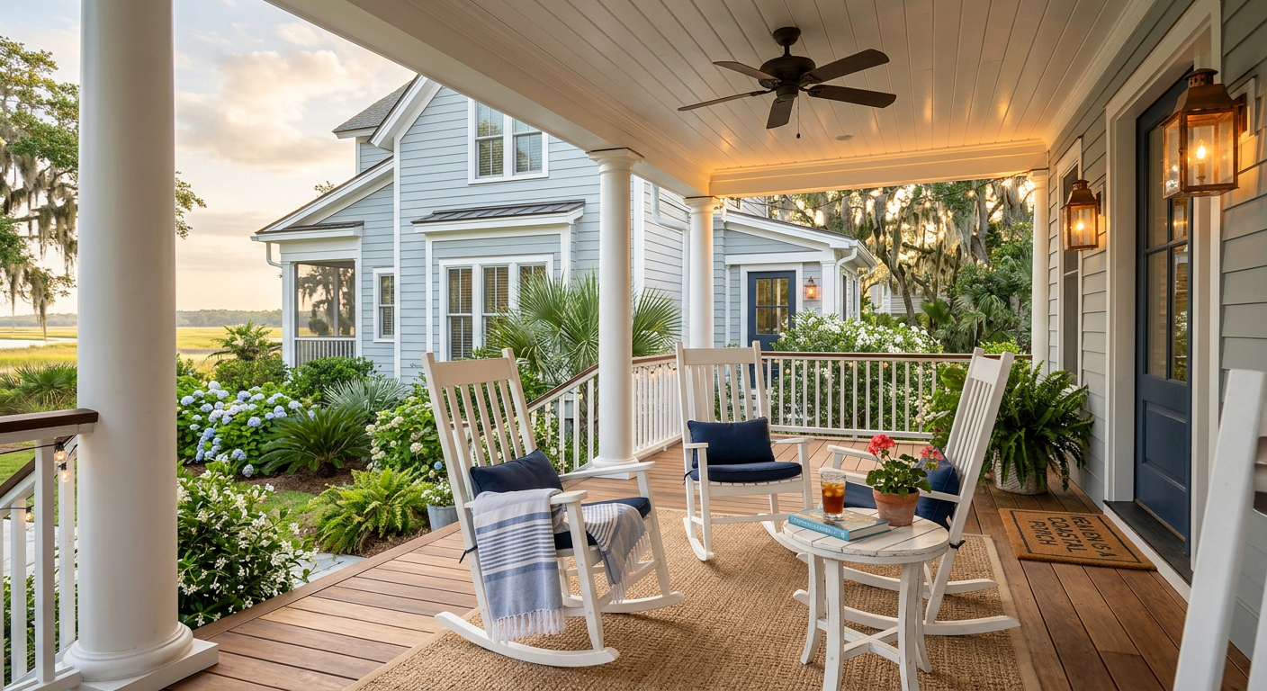 Remodeled covered front porch with rocking chairs