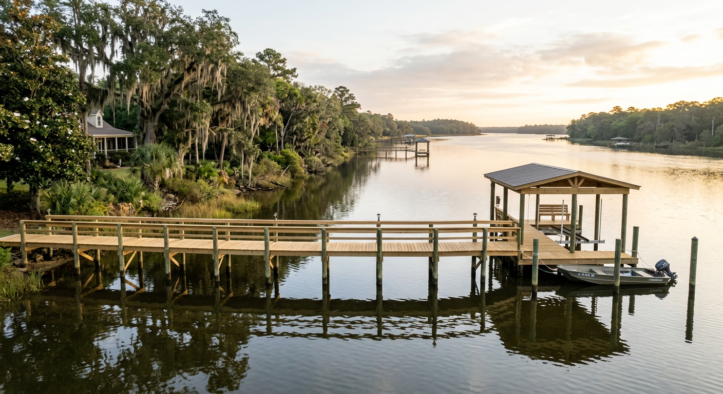 New wooden dock extending over Dog River