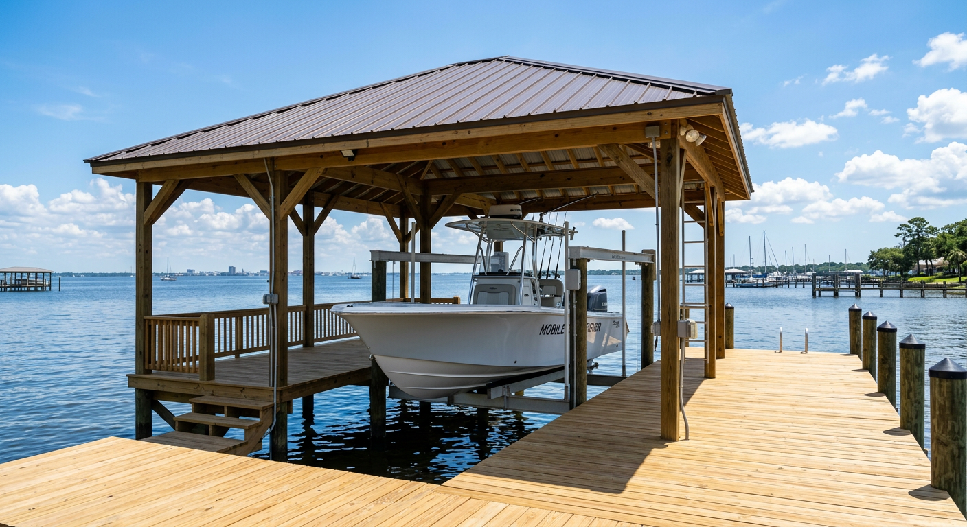 Covered boat lift holding a fishing boat