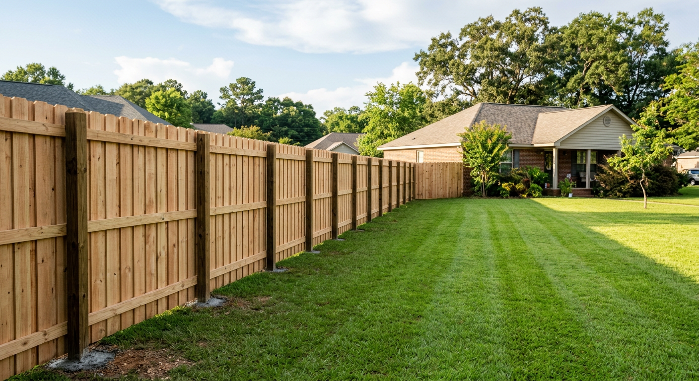 New wooden privacy fence in a backyard