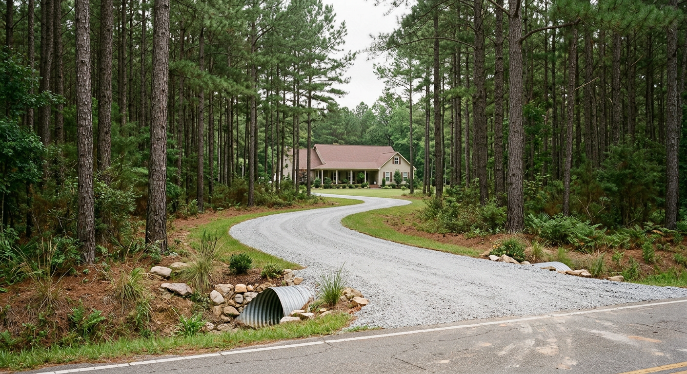 New gravel driveway winding through pine trees