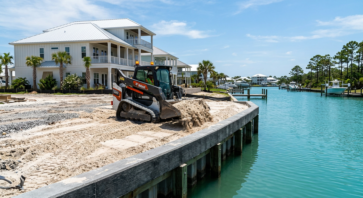 Skid steer backfilling behind a new seawall