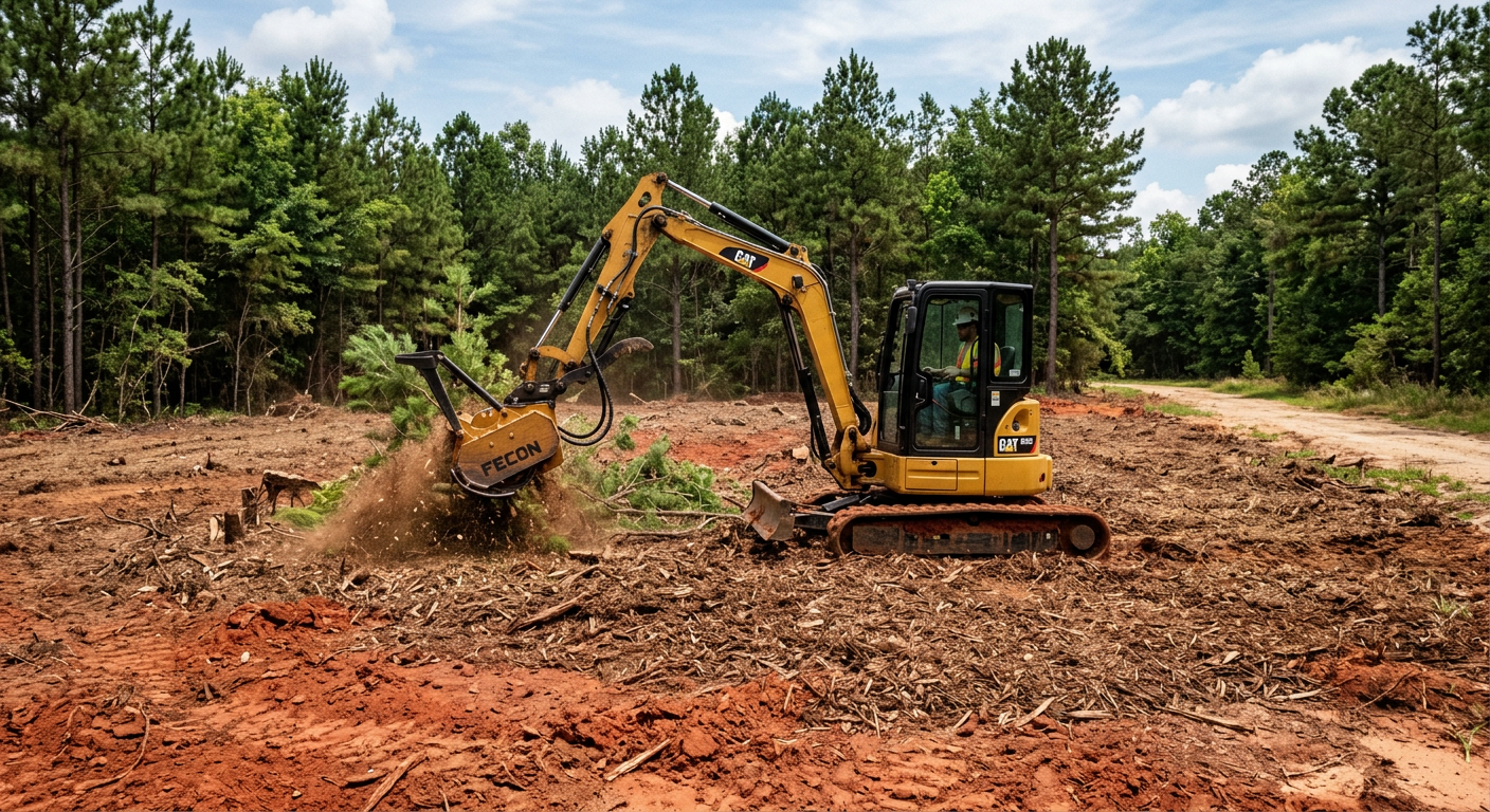 Excavator with brush cutter clearing a wooded lot