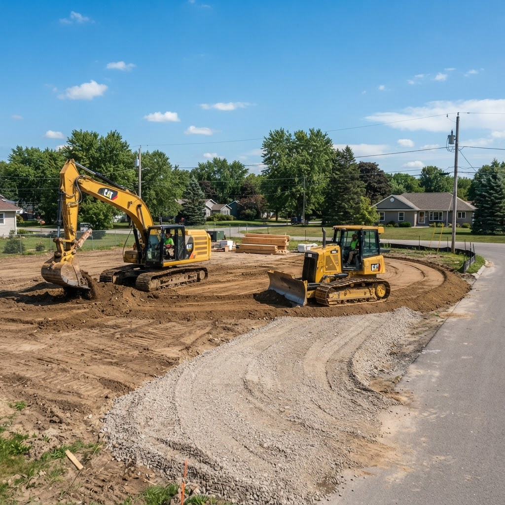Excavator grading a residential building site