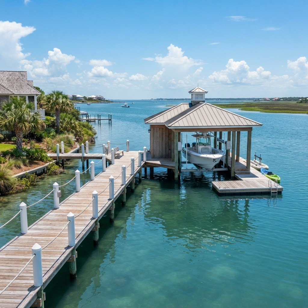 Custom boathouse over calm bay water